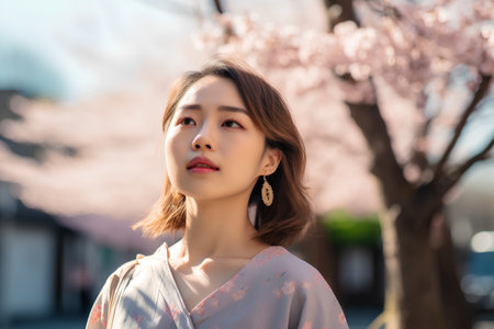 Beautiful asian woman with pink cherry blossom in spring timeの素材
