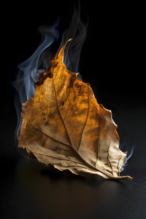 Burning autumn leaf on a black background. Selective focus.の素材