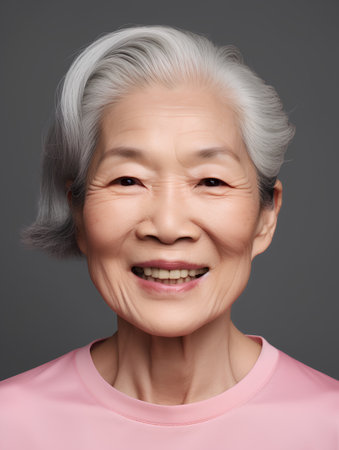 smiling asian senior woman with wrinkles on her face, grey backgroundの素材