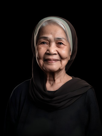 Portrait of an old muslim woman on a black background.の素材