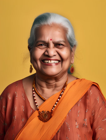 Portrait of a smiling indian senior woman with orange sariの素材