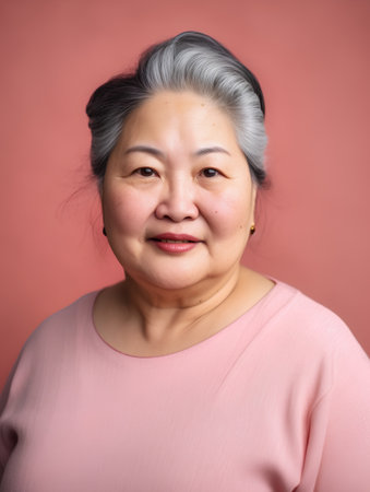 Portrait of a smiling senior asian woman on a pink backgroundの素材
