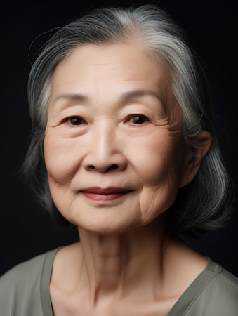 Portrait of a happy asian senior woman, isolated on black backgroundの素材