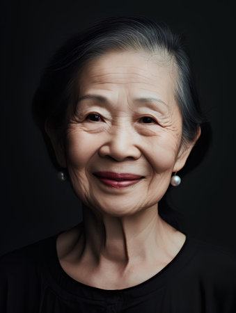 Portrait of a smiling senior asian woman on black background.の素材