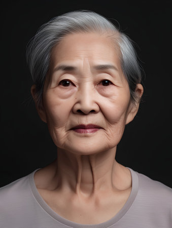 Portrait of a senior asian woman looking at camera, isolated on black backgroundの素材