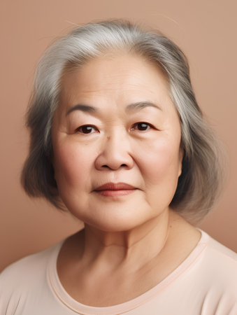 Portrait of a senior asian woman on a brown background.の素材
