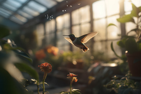 Hummingbird in the garden. Hummingbird flying in the greenhouse.の素材