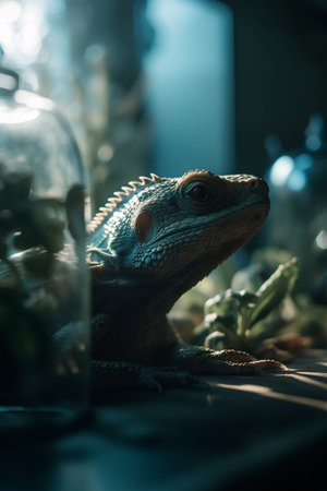 Blue iguana in a glass jar on a dark background, close upの素材