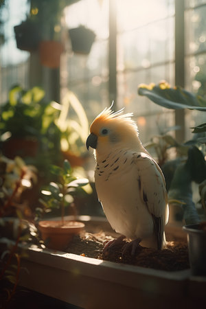 White parrot sitting in a flower pot on the windowsill.の素材