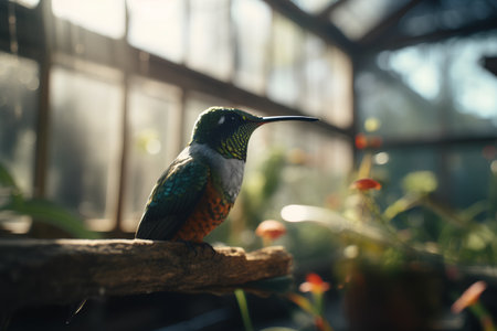 Cute hummingbird sitting on a branch in a greenhouse. Colorful bird in the garden.の素材