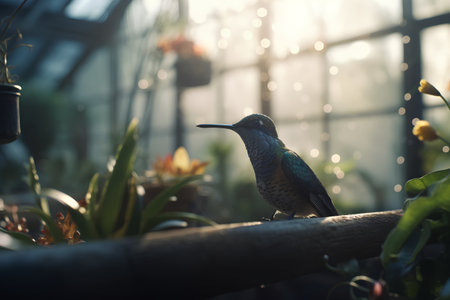 Beautiful bird sitting on a branch in a greenhouse with flowers.の素材