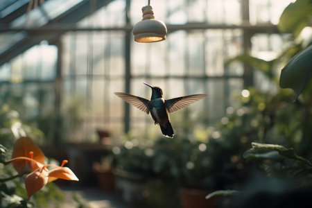 Hummingbird in a greenhouse. Hummingbird flying in the air.の素材