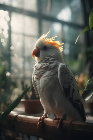 Cockatiel parrot sitting on the windowsill in the roomの素材