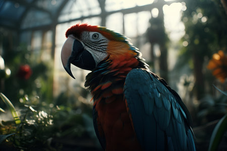 Beautiful macaw parrot in the greenhouse, close-upの素材