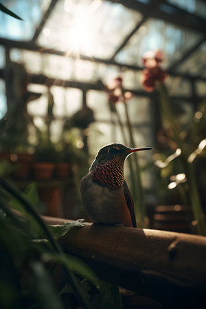 A bird sitting on a branch in a greenhouse with flowers and sunlightの素材