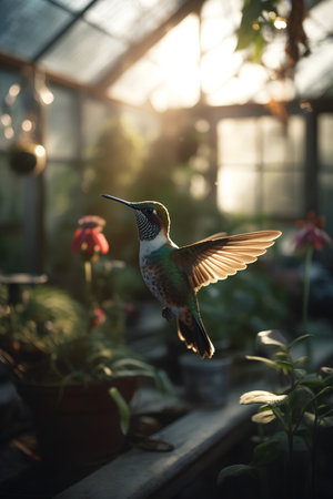 Beautiful hummingbird in a greenhouse. Hummingbird in garden.の素材
