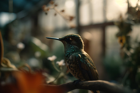Beautiful bird sitting on a branch in the garden at sunset.の素材
