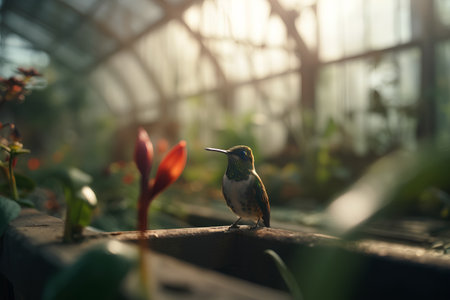 Beautiful Hummingbird sitting on a flower in a greenhouse.の素材
