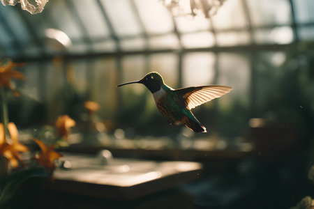 Rufous-throated Hummingbird (archilochus colubris) in flight at the botanical garden, Los Angeles, California, USAの素材