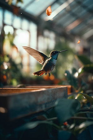 Hummingbird flying in a greenhouse. Hummingbird in the garden.の素材
