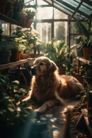 Cute Golden Retriever Dog Relaxing in the Greenhouseの素材