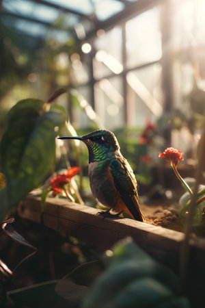 Beautiful hummingbird sitting on a wooden branch in a greenhouse.の素材