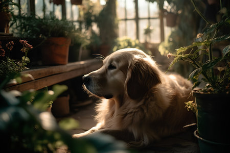 Golden Retriever dog in the garden. Selective focus.の素材