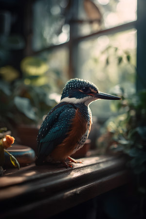 Beautiful Kingfisher bird sitting on a wooden bench in the garden.の素材