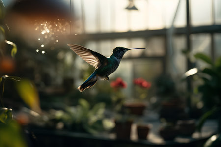Beautiful hummingbird in the garden. Wildlife scene from tropic nature. Hummingbird in flight with outstretched wings.の素材