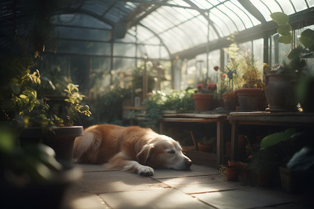 Cute golden retriever dog sleeping in a green house, vintage filterの素材
