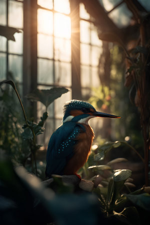 Kingfisher bird sitting on a rock in the green garden.の素材