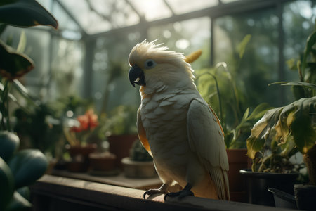 Cockatoo parrot on a shelf in a greenhouse.の素材