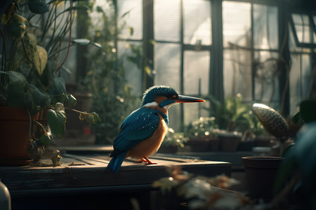 Kingfisher bird sitting on a wooden table in a greenhouse.の素材