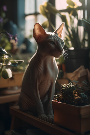 Sphynx cat sitting in a flower pot on a window sillの素材