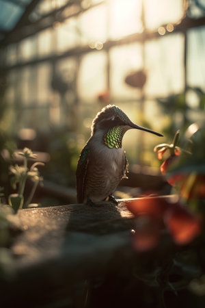 Cute hummingbird sitting on a branch in a greenhouse. Wildlife scene from nature.の素材