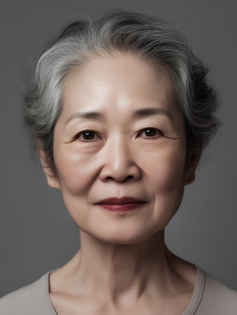 Portrait of asian senior woman with grey hair, studio shotの素材