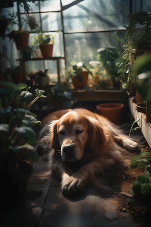 Cute Golden Retriever dog lying in a greenhouse with flowersの素材