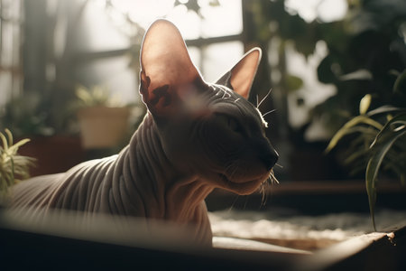 Beautiful cat breed Sphynx on the windowsill in the houseの素材