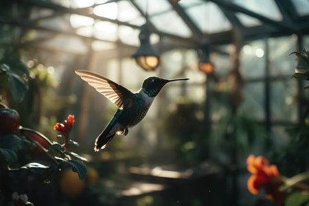 Hummingbird flying in the garden. Hummingbird in a greenhouse.の素材