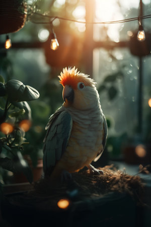 Parrot with orange beak sitting in a cage on the windowsillの素材