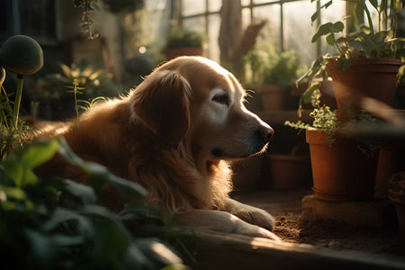 Cute Golden Retriever Puppy in the garden at sunsetの素材