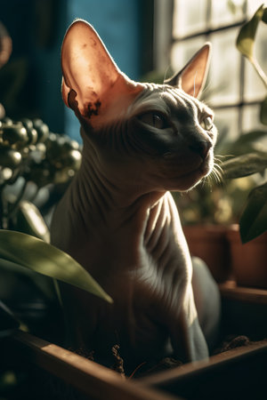 Portrait of a Sphynx cat in a flowerpot.の素材