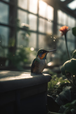 Hummingbird in a greenhouse with flowers and plants in the backgroundの素材