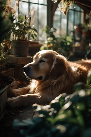 Golden Retriever lying in a flower pot in a greenhouse.の素材