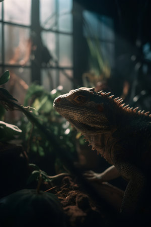 Close-up of a bearded dragon in the terrarium. Selective focus.の素材