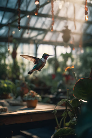 Beautiful hummingbird in the garden. Hummingbird in a greenhouse.の素材