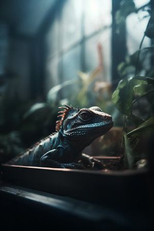 Blue iguana in the terrarium. Close up. Selective focus.の素材