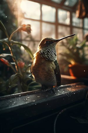 Cute Hummingbird sitting on a window sill at sunset.の素材