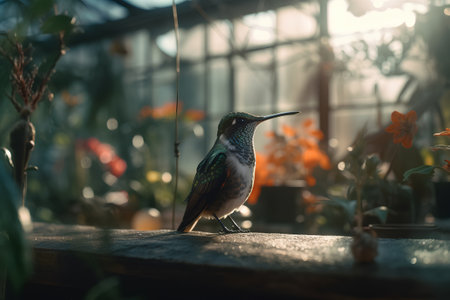 Cute little hummingbird sitting on a wooden table in a greenhouseの素材
