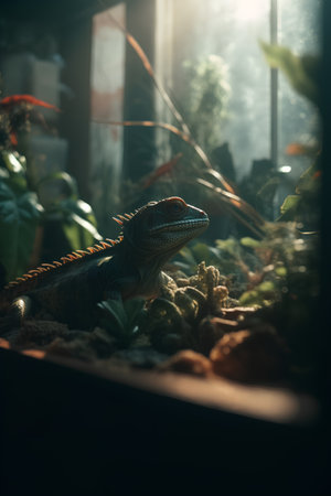 Iguana in the terrarium. Cactuses, succulents and other plants.の素材